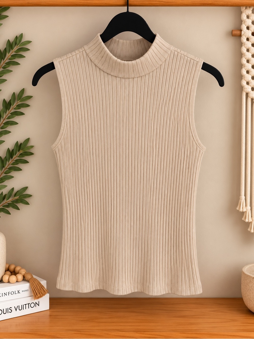 LOFT Sleeveless Ribbed Mock Neck Tank - Beige